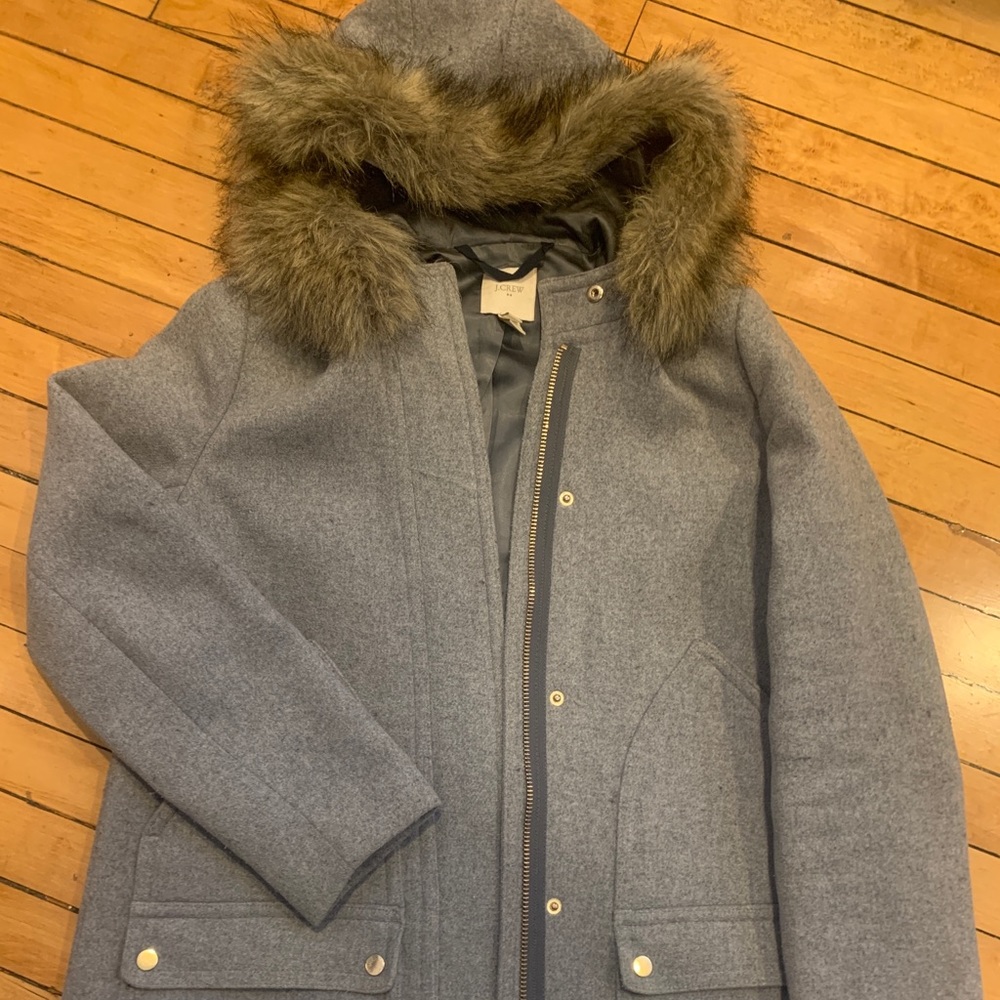 Jcrew wool coat with fur hood (fur is removable)